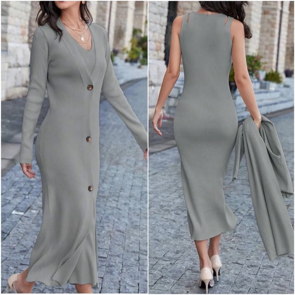 Classic Sleeveless Midi Dress Button Down Long Cardigan Set - Picture 9 of 11